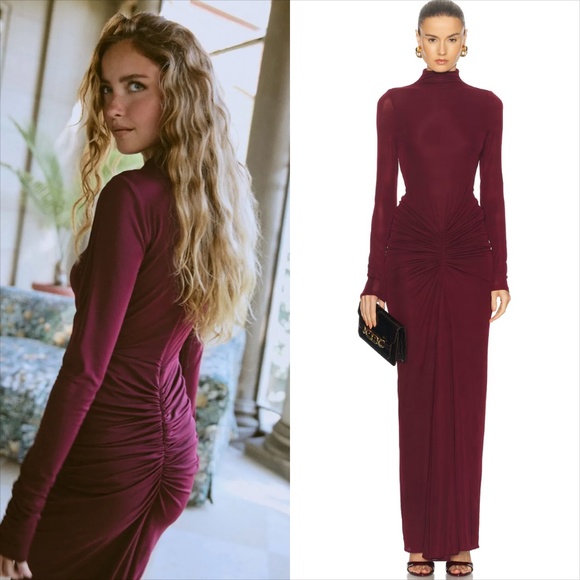 Ronny Kobo scorpio mock neck  ruched mesh jersey  burgundy maxi dress - Picture 2 of 13